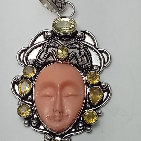Sterling Silver Bali Goddess Pendant with Pink Carved Face and Citrine Gems - Picture 8 of 9